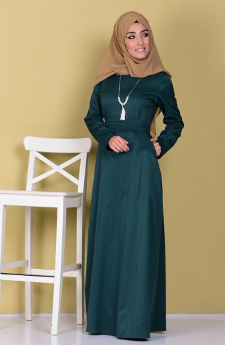 Nervürlü Elbise 2249-02 Zümrüt Yeşil