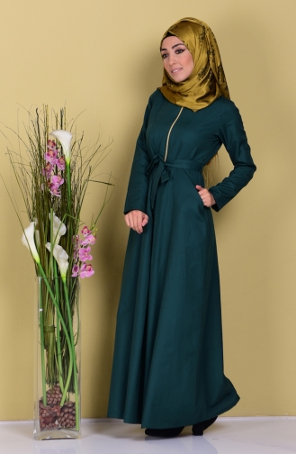 Fermuarlı Cepli Elbise 2253-03 Zümrüt Yeşil