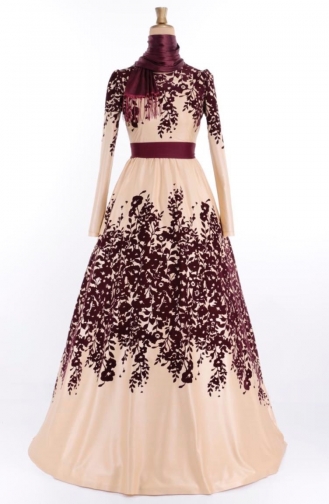 Flocked Printed Evening Dress 1098-03 Beige 1098-03