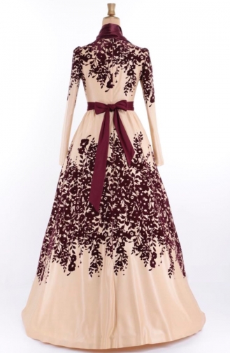 Flocked Printed Evening Dress 1098-03 Beige 1098-03