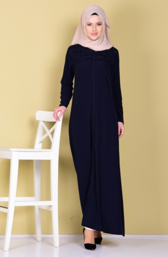 Abaya Détail Dentelle 1068-02 Bleu Marine 1068-02