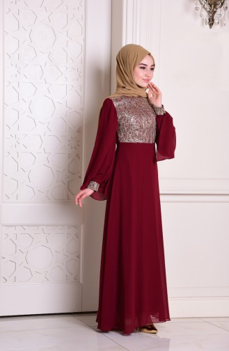 Claret Red Hijab Evening Dress 2858-03