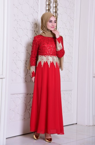 Dantel Detaylı Şifon Elbise 2949-08 Kırmızı