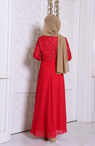 Dantel Detaylı Şifon Elbise 2949-08 Kırmızı