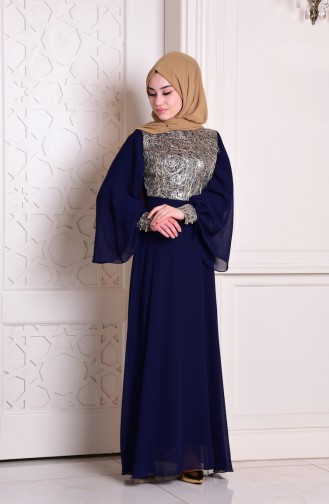 Navy Blue Hijab Evening Dress 2858-05