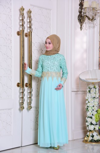Mint Green Hijab Evening Dress 2949-02