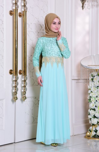 Mint Green Hijab Evening Dress 2949-02