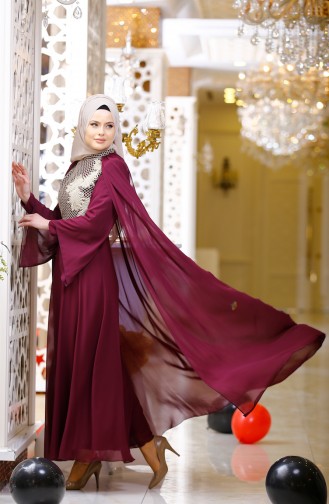 Plum Hijab Evening Dress 2857-02
