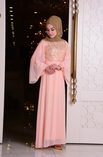 Salmon Hijab Evening Dress 2858-06