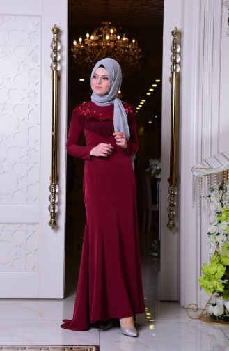 İşleme Detaylı Püsküllü Abiye Elbise 0315-01 Bordo