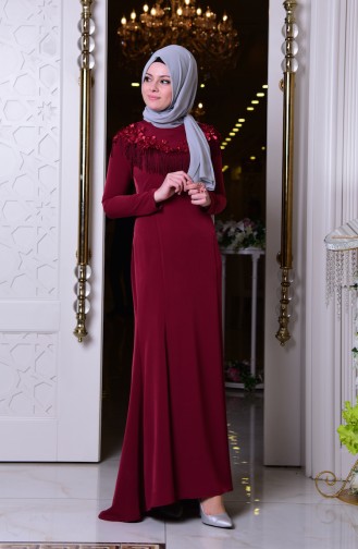İşleme Detaylı Püsküllü Abiye Elbise 0315-01 Bordo