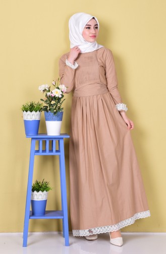 Lace Detailed Belt Dress 0115-01 Camel 0115-01