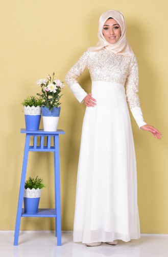 Ecru Hijab Evening Dress 2369-13