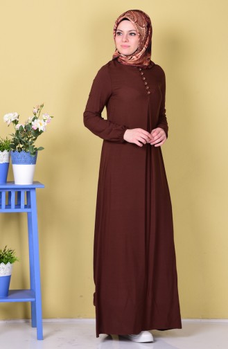 Düğme Detaylı Viskon Elbise 1250-07 Kahverengi