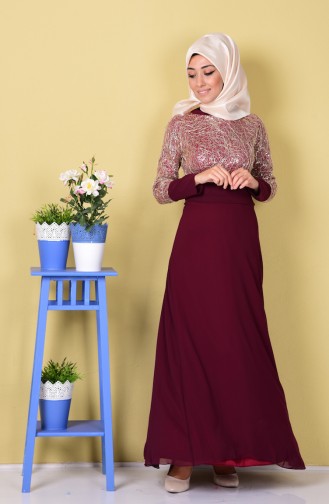Dark Claret Red Hijab Evening Dress 2369-16