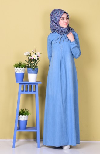 Bağcık Detaylı Kot Elbise 4401-01 Mavi