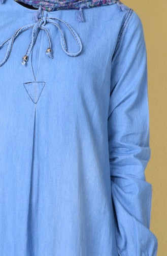 Bağcık Detaylı Kot Elbise 4401-01 Mavi