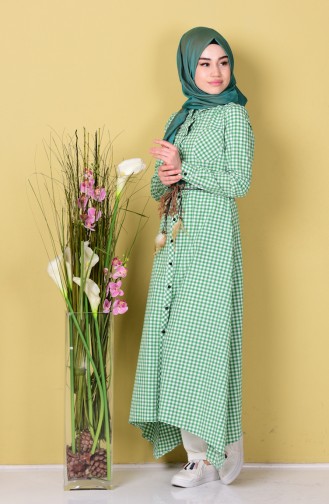 Kemerli Kareli Elbise 8051-07 Açık Yeşil