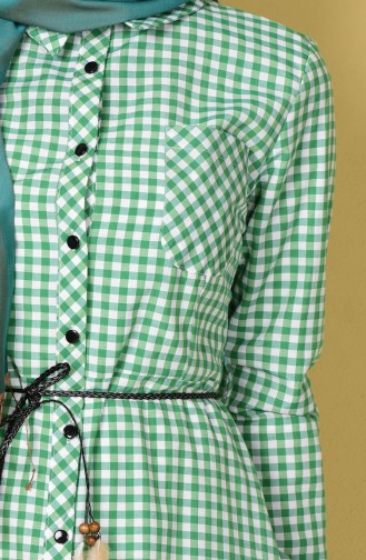 Kemerli Kareli Elbise 8051-07 Açık Yeşil