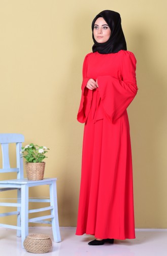 İspanyol Kol Kuşaklı Elbise 1401-01 Kırmızı