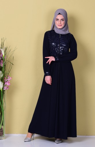 Abaya Détail Paillette 1506-02 Bleu Marine 1506-02