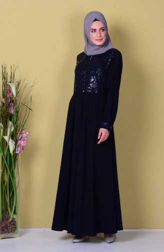 Abaya Détail Paillette 1506-02 Bleu Marine 1506-02