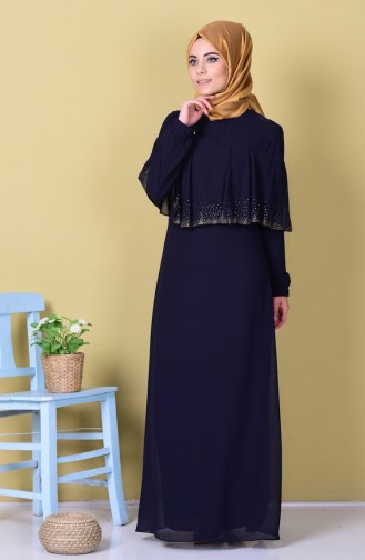 Navy Blue Hijab Evening Dress 99016-03