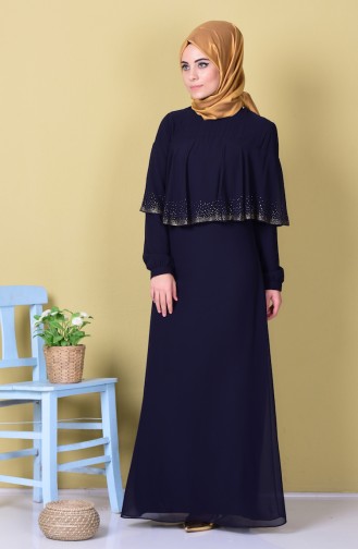 Navy Blue Hijab Evening Dress 99016-03