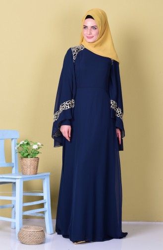 Navy Blue Hijab Evening Dress 52596-03