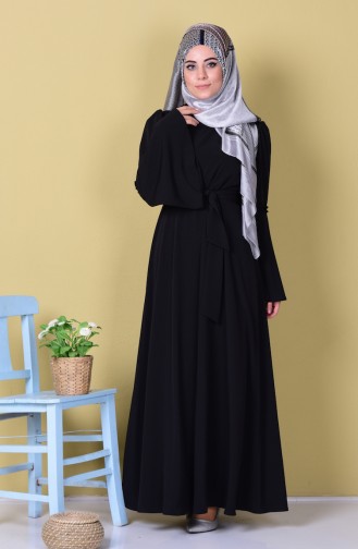 İspanyol Kol Kuşaklı Elbise 1401-08 Siyah