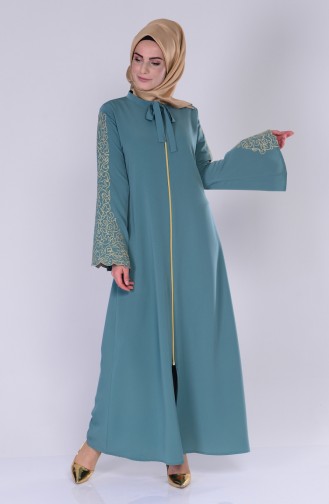 Sude Embroidery Detailed Abaya 2103-11 Almond Green 2103-11
