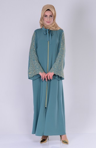 Sude Embroidery Detailed Abaya 2103-11 Almond Green 2103-11