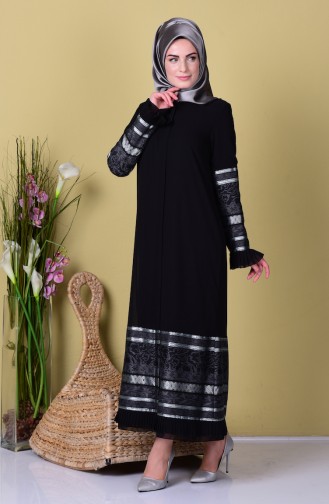 Abaya a Fermeture Détail Plis 35757-01 Noir Gris 35757-01