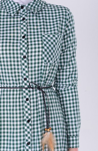 Kemerli Kareli Elbise 8051-05 Yeşil