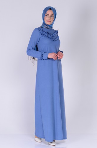 Fırfır Detaylı Elbise 2063-04 Mavi