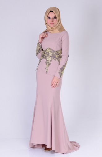 Lace Detailed Asymmetric Evening Dress 3005-4 Powder 3005-04