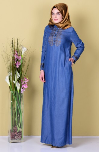 Taş Detaylı Kot Elbise 1256-01 Mavi