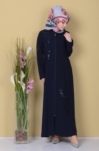 SUKRAN Sequin Detailed Zippered Abaya 35761-02 Navy Blue 35761-02