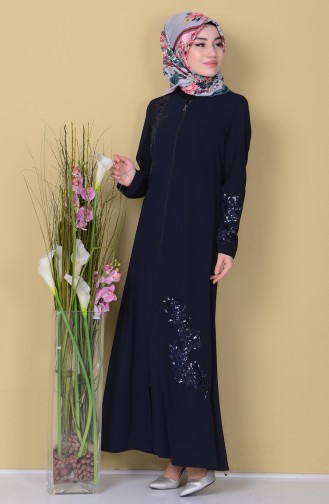 Abaya a Fermeture Détail Paillette 35761-02 Bleu Marine 35761-02