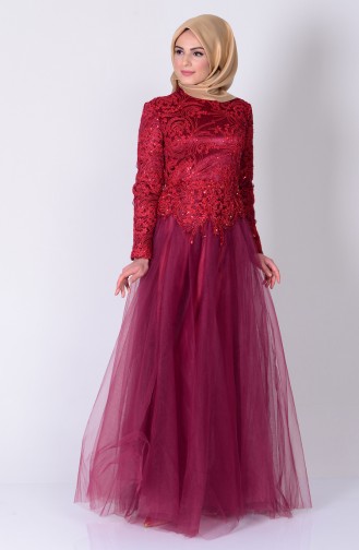 Claret Red Hijab Evening Dress 6147-02