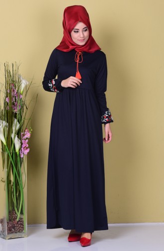 Kolu Nakışlı Elbise 0442-03 Lacivert