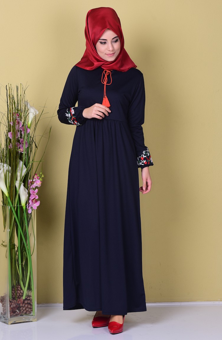 Kolu Nakışlı Elbise 0442-03 Lacivert