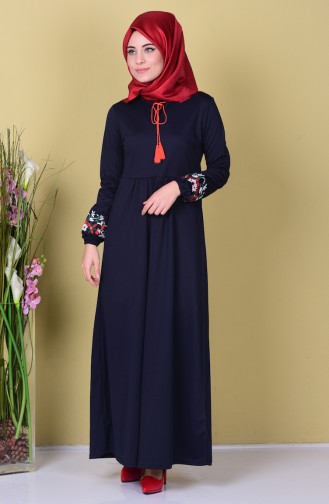 Kolu Nakışlı Elbise 0442-03 Lacivert