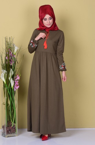 Kolu Nakışlı Elbise 0442-05 Haki Yeşil