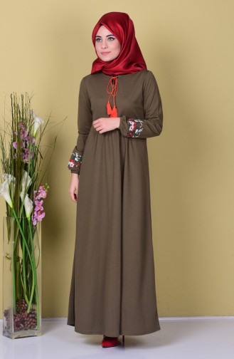 Kolu Nakışlı Elbise 0442-05 Haki Yeşil