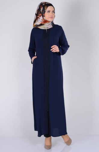 Abaya Détail Dentelle 1504-04 Bleu Marine 1504-04