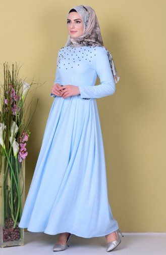 İnci Kemerli Elbise 3007-03 Buz Mavi