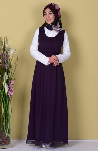Düğmeli Jile Elbise 3037-02 Mor