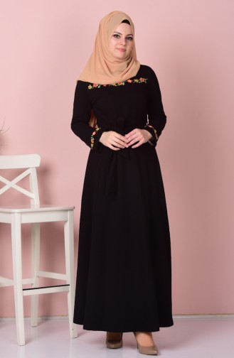 Nakışlı Kemerli Elbise 1323-01 Siyah