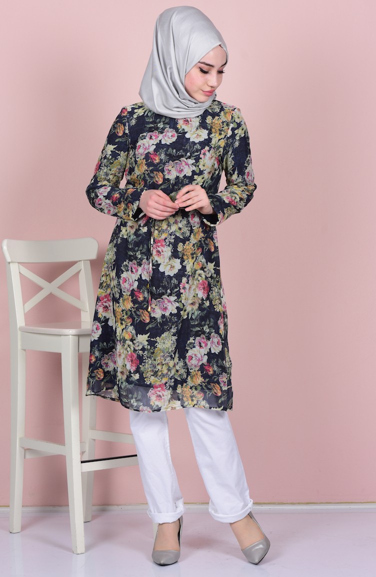 Desenli Şifon Tunik 5259-04 Lacivert